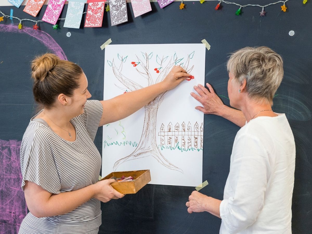Die beiden Personen reden und schauen sich das Foto an 