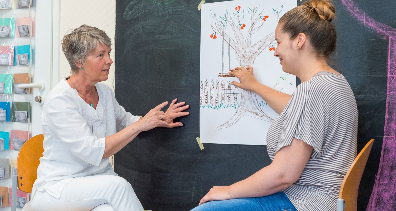 Die Frauen schauen sich das Bild an und reden 