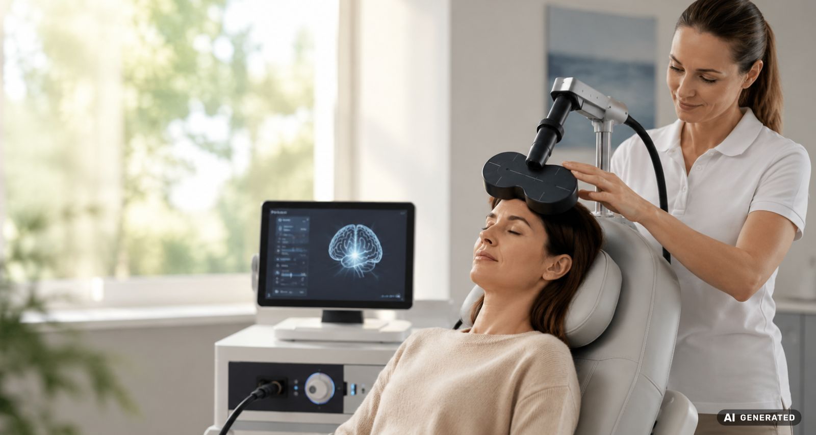 Eine Frau während der rTMS-Therapie mit Ihrer Therapeutin.