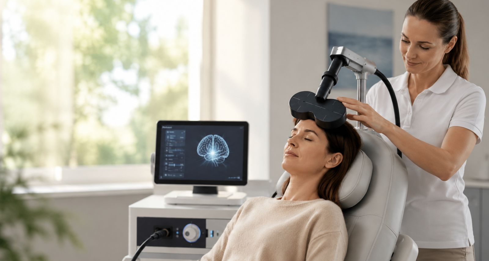 Eine Frau während der rTMS-Therapie mit Ihrer Therapeutin.