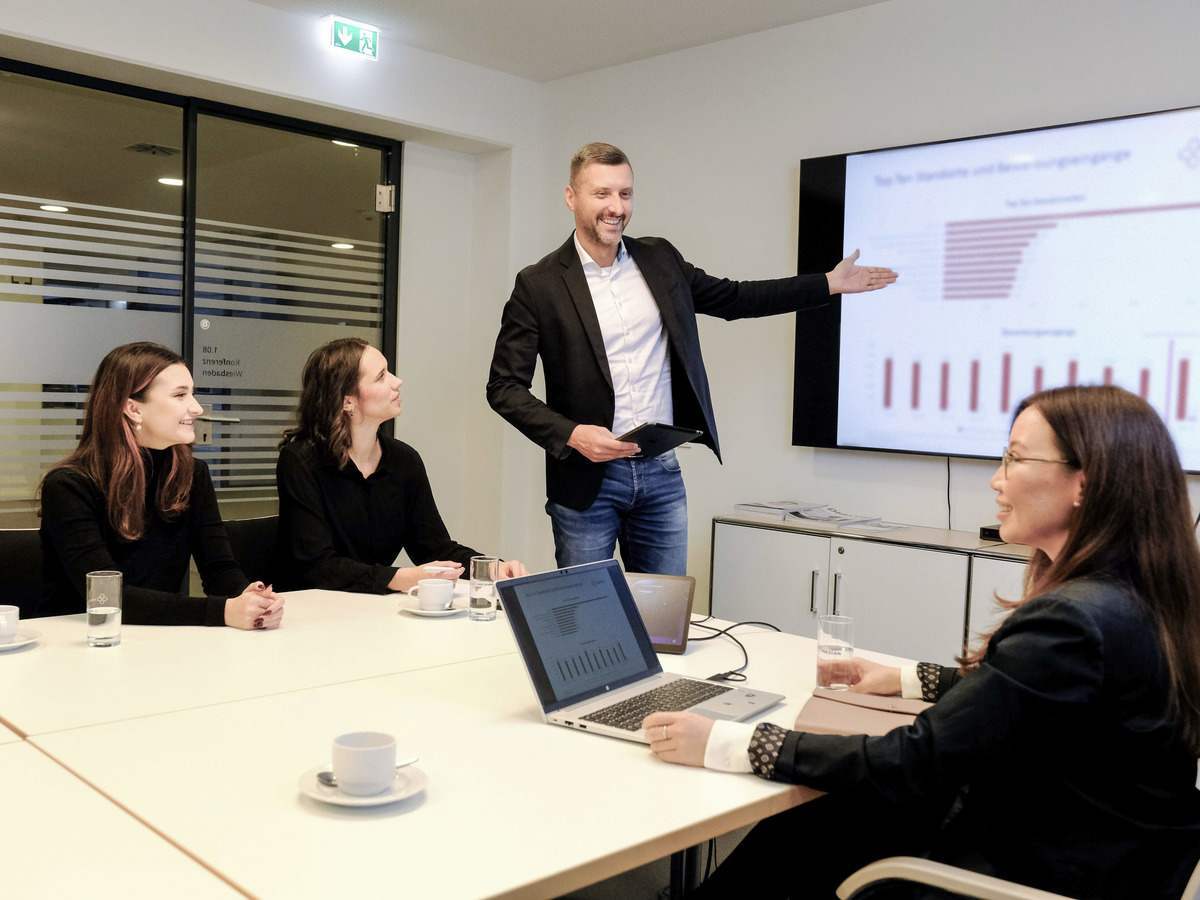 Ein MEDIAN-Team bespricht Diagramme auf einem Bildschirm.