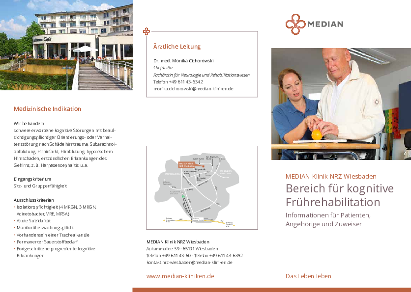 Infobroschüre Bereich für kognitive Frührehabilitation der MEDIAN Klinik NRZ Wiesbaden