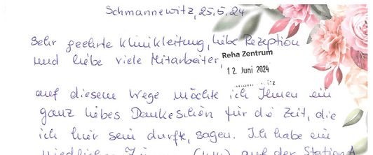 Dankesbrief einer Rehabilitandin Dankesbrief einer Rehabilitandin