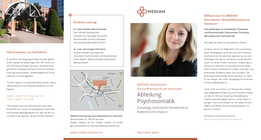 Informationsmaterial zur Abteilung Psychosomatik im MEDIAN Ambulantes Gesundheitszentrum Hannover