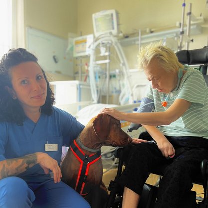 Zwei Frauen und ein Hund der von einer Frau gestreichelt wird 