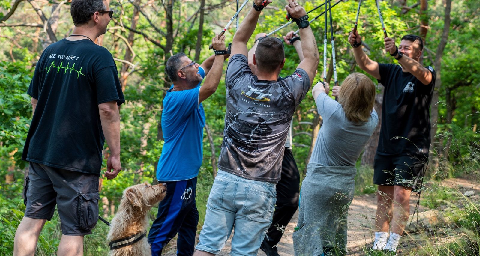 Personen sind im Wald, haben Wanderstöcke in den Händen und heben die Arme nach oben