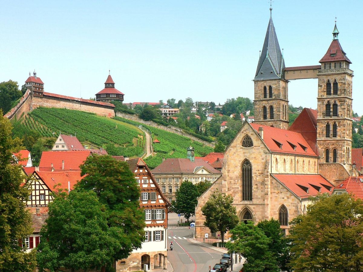 Esslinger Stadtkirche mit zwei Türmen vor der Burg und einem Weinberg