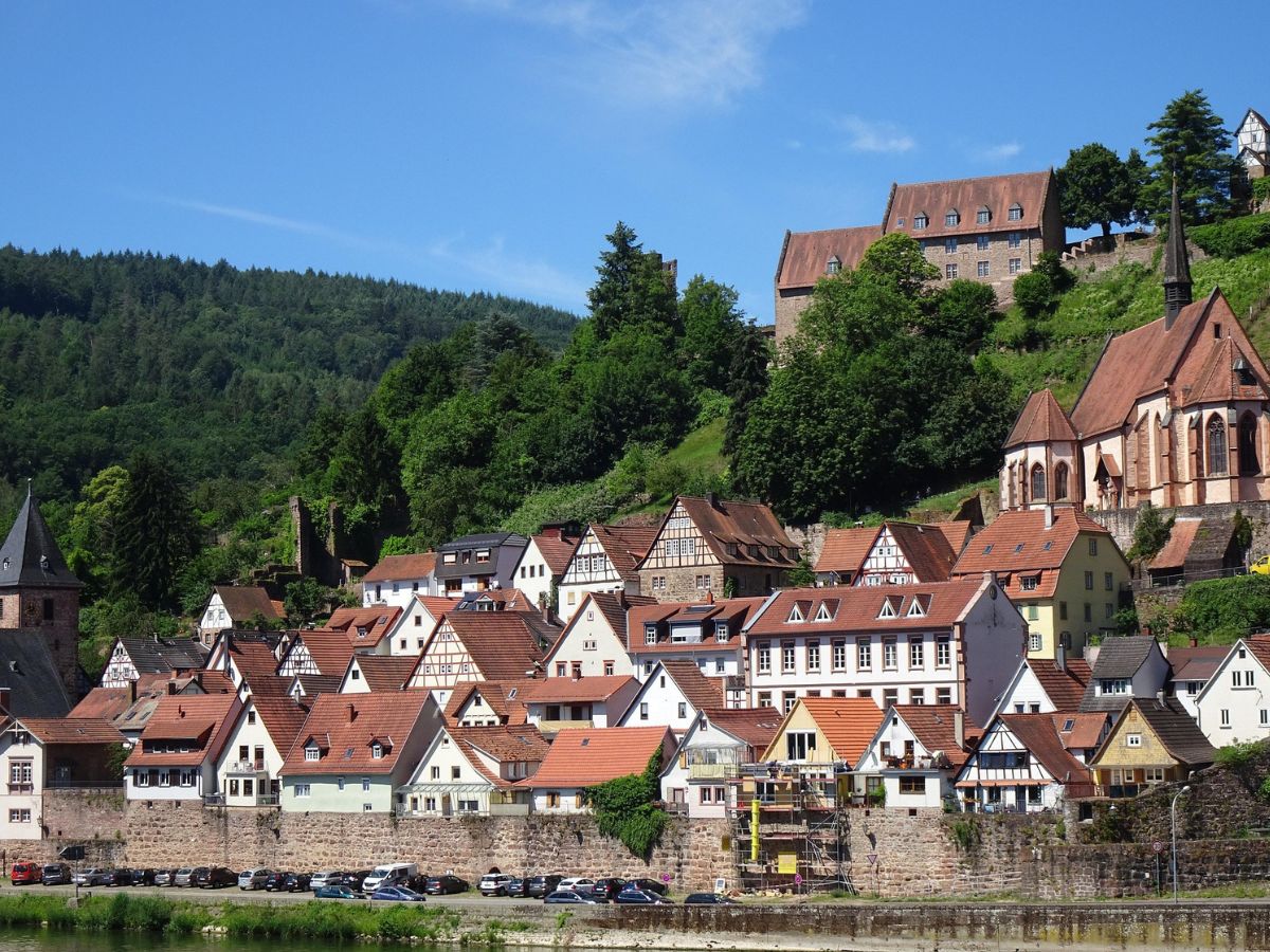 Häuser der Hirschhorner Altstadt am Neckarufer, darüber eine Kirche und die Burg am bewaldeten Hang