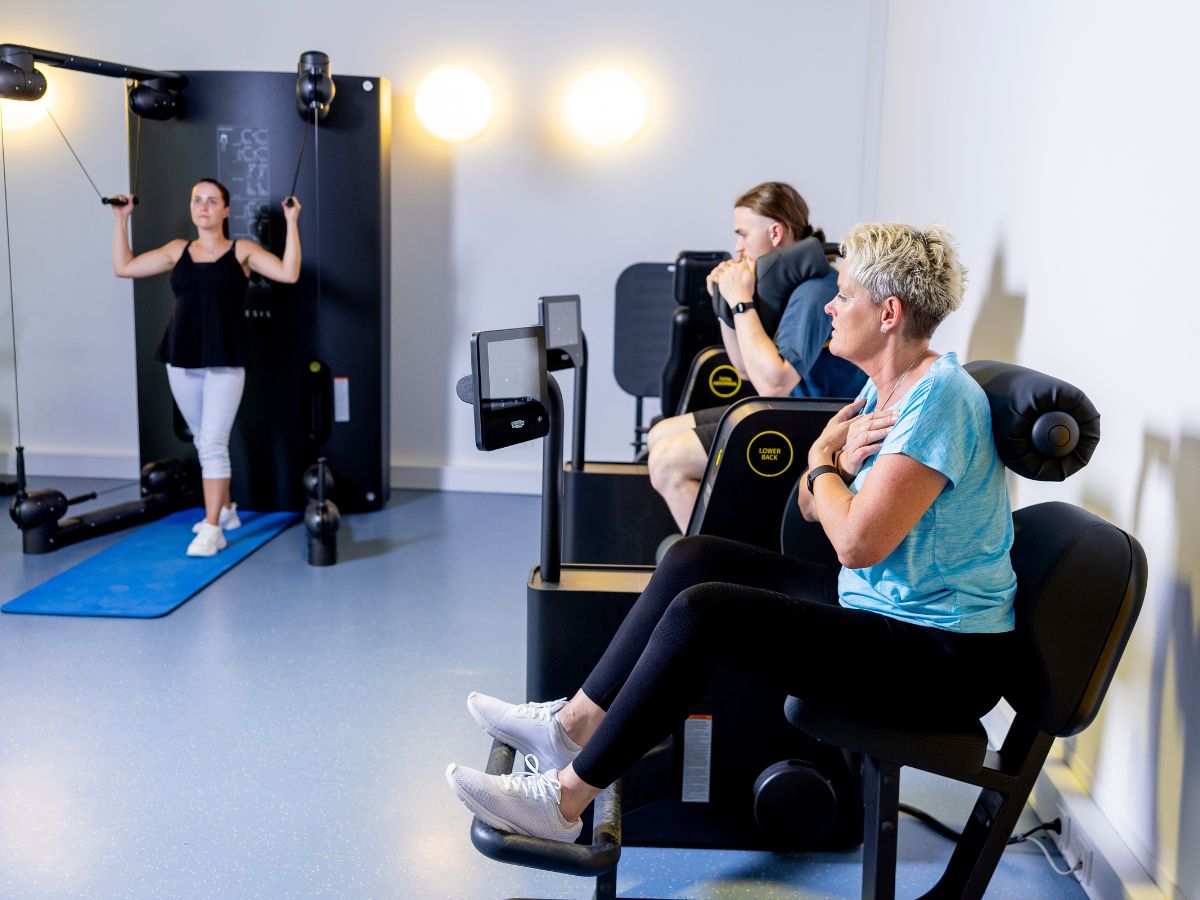 Drei Personen die an unterschiedlichen Geräten Übungen durchführen 