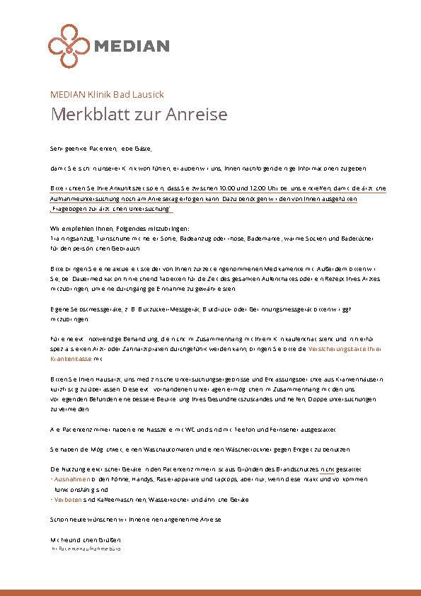 Merkblatt zur Anreise zu der MEDIAN Klinik Bad Lausick