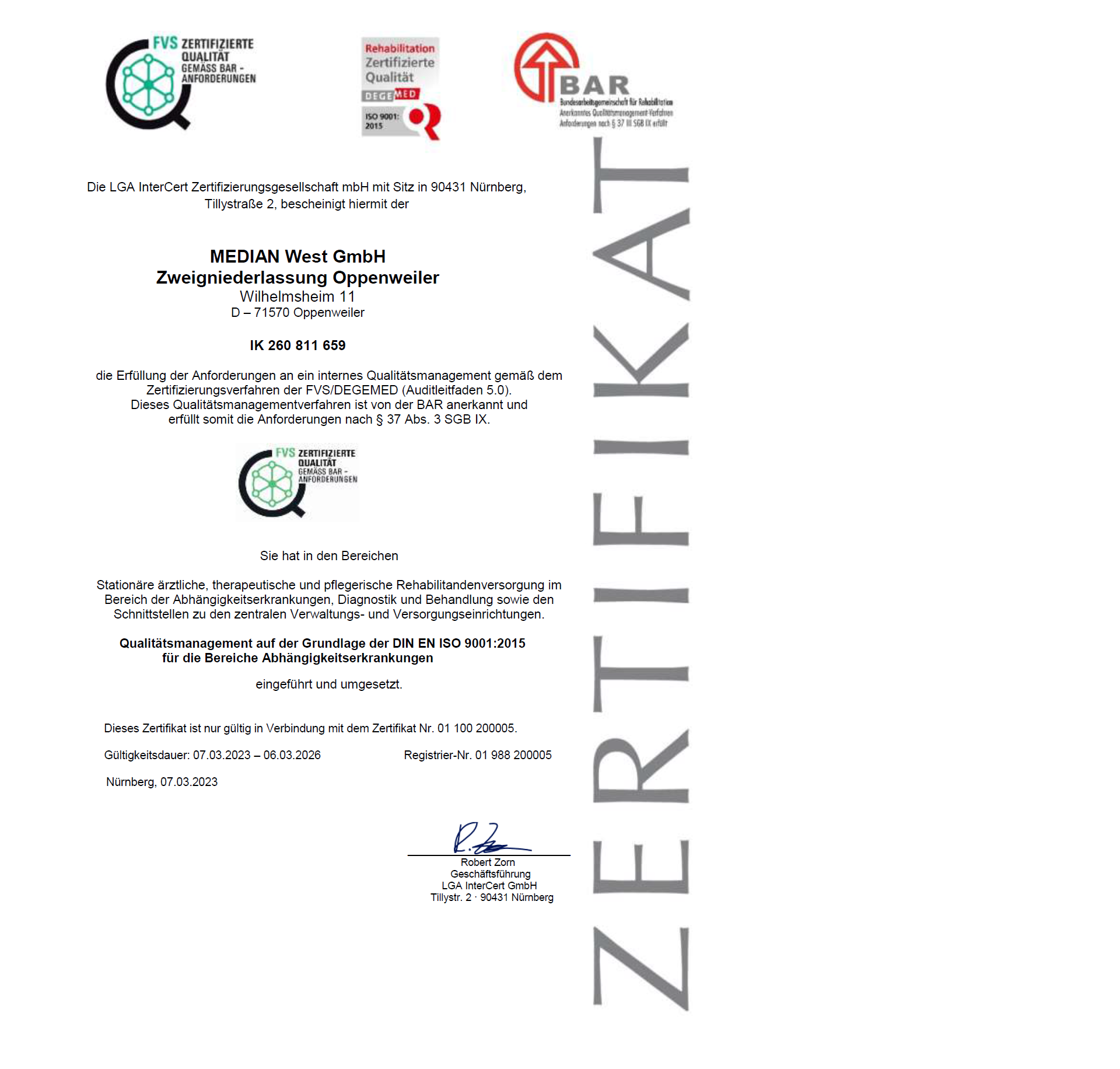 FVS/DEGEMED 2023 Zertifikat für die MEDIAN Klinik Wilhelmsheim